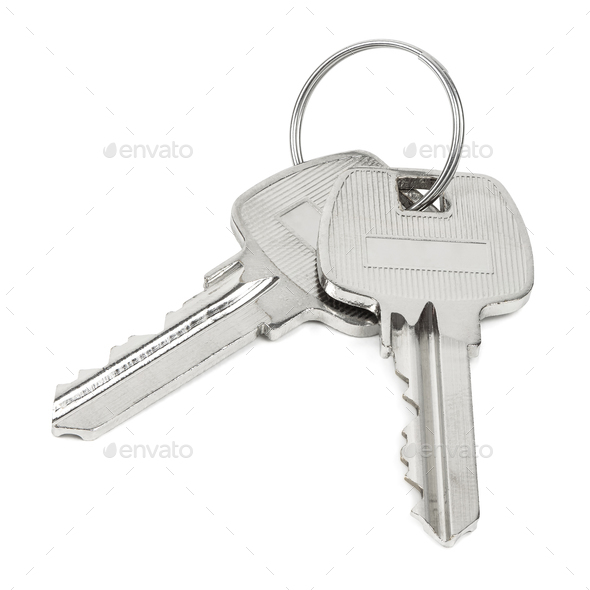 Two keys on key ring isolated on white background Stock Photo by mkos83